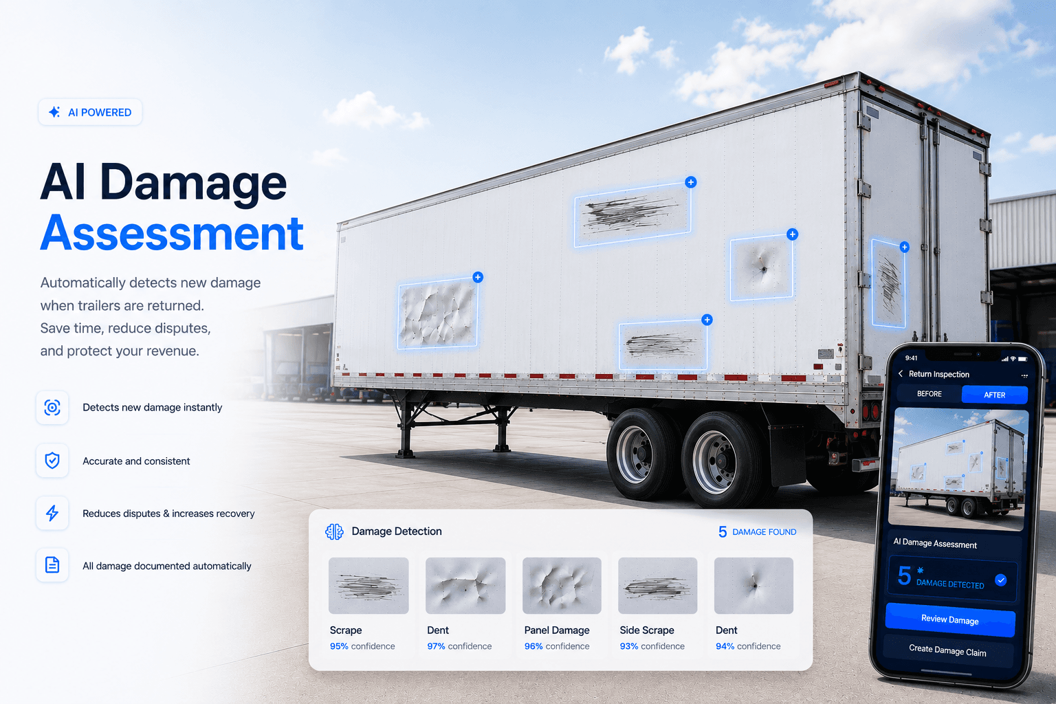 AI Damage Assessment — automatically detects new damage when trailers are returned. Detects damage instantly, accurate and consistent, reduces disputes and increases recovery, all damage documented automatically.